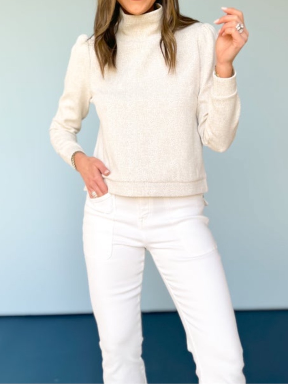 Women's Cream Textured Mock Neck Sweater